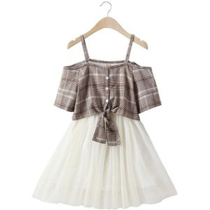 Girls Cotton Sling Plaid Short-sleeved Dress (Color:Khaki Size:120)