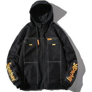 Hooded Casual Letter Print Tooling Denim Jacket for Men (Color:Black Size:XXXL)