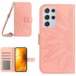 Voor Samsung Galaxy S21 Ultra 5G Skin Feel Sun Flower Pattern Flip Leather Phone Case met Lanyard