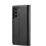 LC.IMEEKE Carbon Fiber PU + TPU Horizontal Flip Leather Case with Holder & Card Slot & Wallet For Samsung Galaxy S21 FE(Vertical Black)