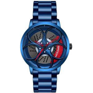 Sanda 1070 3D Ovaal Hol Wiel Niet-roteerbaar Dial Quartz Horloge voor Mannen  Stijl: Stalen riem (blauw rood)