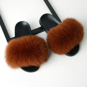 Fox Fur Slippers Flip-flops Non-slip Platte Bont Schoenen Sandalen voor dames  schoenmaat:36-37(23cm)(Caramel)