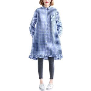 Large Size Loose Plaid Shirt Skirt Mid-length Slim Dress (Color:Blue Size:XXL)