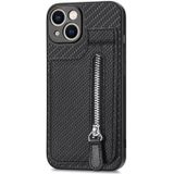 Voor iPhone 13 mini Koolstofvezel Verticale Flip Rits Telefoon Case (Zwart)