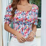 Bloemenprint vierkante hals gesmokt blouseshirt met korte mouwen  maat: S