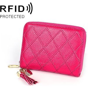 KB213 Diamond Texture Zipper Cowhide Leather Double Row Organ Shape Multiple Card Slots Anti-magnetic RFID Wallet Clutch Bag for Ladies (Rose Red)
