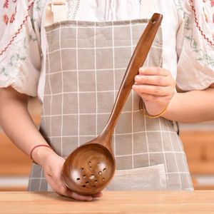 Non-Stick Pot Wood Spoon Teak Scoop Tableware Long Handle Filter Spoon