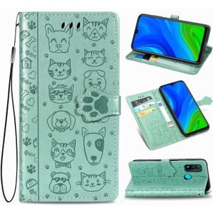 For Huawei P Smart 2020 Lovely Cat and Dog Embossing Pattern Horizontal Flip Leather Case  with Holder & Card Slots & Wallet & Cartoon Clasp & Lanyard(Green)