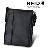 Genuine Cowhide Leather Crazy Horse Texture Dual Zipper Short Style Card Holder Wallet RFID Blocking Card Bag Protect Case for Men  Size: 12.1*9.4*2.7cm(Black)