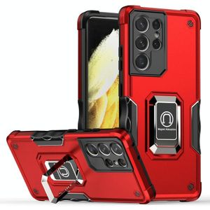 For Samsung Galaxy S21 Ultra 5G Ring Holder Non-slip Armor Phone Case(Red)