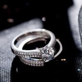 Silver Double Zircon Wedding Rings Set  Ring Size:17