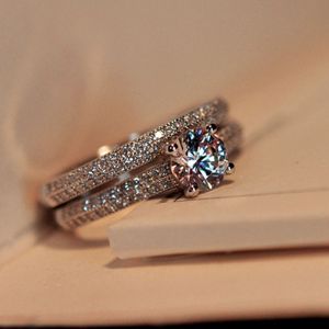 Silver Double Zircon Wedding Rings Set  Ring Size:17