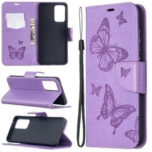 For Samsung Galaxy A52 5G Embossing Two Butterflies Pattern Horizontal Flip PU Leather Case with Holder & Card Slot & Wallet & Lanyard(Purple)