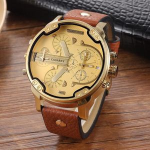 Cagarny 6820 Round Large Dial Leather Band Quartz Dual Movement Watch for Men (Gold Surface Light Brown Band)