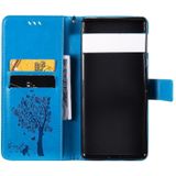 For Google Pixel 6 Pro Tree & Cat Embossed Pattern Horizontal Flip Leather Case with Holder & Card Slots & Wallet & Lanyard(Blue)