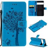 For Google Pixel 6 Pro Tree & Cat Embossed Pattern Horizontal Flip Leather Case with Holder & Card Slots & Wallet & Lanyard(Blue)
