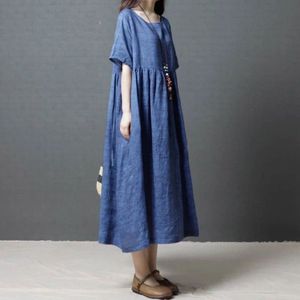 Summer Round Neck Solid Color Ramie Lacing Loose Dress for Women (Color:Blue Size:XXL)