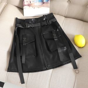 2 PCS Flower Skirt Skirt Chic PU Leather Tooling Zipper A Word Skirt with Belt  Size: M(Black)