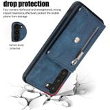 For Samsung Galaxy S23+ 5G Zipper RFID Card Slots Phone Case with Short Lanyard(Blue)