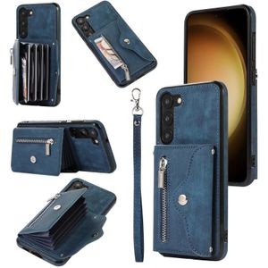 For Samsung Galaxy S23+ 5G Zipper RFID Card Slots Phone Case with Short Lanyard(Blue)