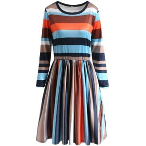 Ronde Hals Gestreepte Stiksels Kleur Met lange mouwen Casual Head A Style Dress  Maat: S(Blue Stripe)