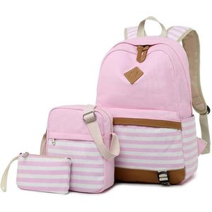 3 PCS/Set Canvas Leisure Backpack Large Capacity Printed School Bag(Pink)