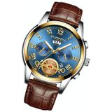 FNGEEN 4001 Men Non-Mechanical Watch Multi-Function Quartz Watch  Colour: Brown Leather Gold Blue Surface