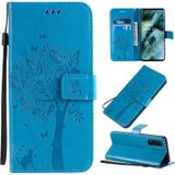 For OPPO Find X2 Tree & Cat Pattern Pressed Printing Horizontal Flip PU Leather Case with Holder & Card Slots & Wallet & Lanyard(Blue)