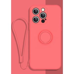All-inclusive Liquid Silicone Phone Protective Case with Ring Holder & Lanyard For iPhone 13 Pro Max(Camellia Red)