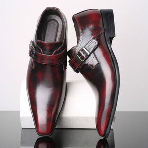 Pointed British Style Mannen lederen schoenen Buckle Lage Hiel schoenen  Maat:48 (Wijn Rood)