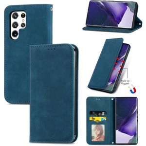 Voor Samsung Galaxy S22 Ultra 5G Retro Skin Feel Magnetic Horizontal Flip Lederen Case met Houder & Card Slots & Portemonnee & Fotolijst