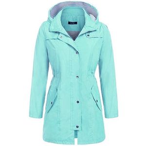 Casual  Women Waterproof Waist Hooded Long Coat(Water Blue)