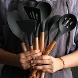 Silicone Wood Handle Spatula Heat-resistant Soup Spoon Non-stick Special Cooking Shovel Kitchen Tools Large Soup Spoon