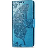 Voor Moto G9 Play Butterfly Love Flower Relif Horizontale Flip Lederen Case met beugel / kaartslot / Portemonnee / Lanyard (Blauw)