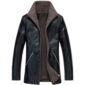 Men Casual Lapel Warm Leather Coat (Color:Black Size:L)