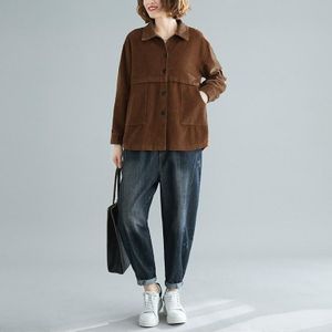 Literature And Art Retro Corduroy Jacket Women Loose Corduroy Short Cardigan Long Sleeves (Color:Coffee Size:L)