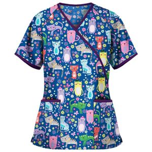 Gedrukte V-hals Mid-Length Nurse Uniform T-shirt (kleur: Blauw Maat: L)