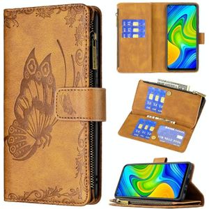 For Xiaomi Redmi Note 9 Flying Butterfly Embossing Pattern Zipper Horizontal Flip Leather Case with Holder & Card Slots & Wallet(Brown)