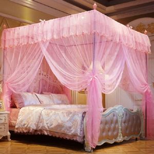 Palace Style Encryption Floor-standing Stainless Steel Three-door Mosquito Net  Specification:32 mm Bracket  Size:180x220 cm(Pink)