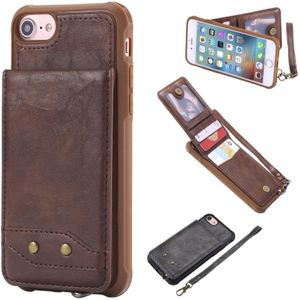 For iPhone SE 2020 / 8 / 7 Vertical Flip Shockproof Leather Protective Case with Short Rope  Support Card Slots & Bracket & Photo Holder & Wallet Function(Coffee)