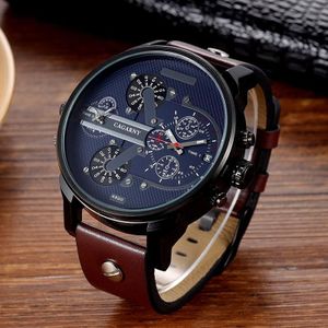 Cagarny 6820 Round Large Dial Leather Band Quartz Dual Movement Watch for Men (Black Shell Blue Surface Brown Band)
