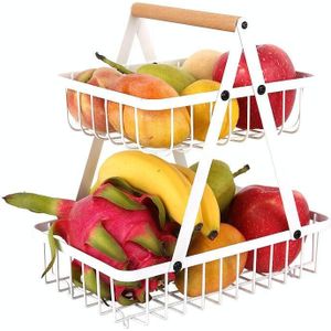 Double-Layer Portable Wrought Iron Basket Foldable Kitchen Storage Basket Shelf Fruit Basket( White)