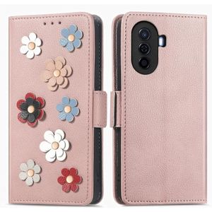 Voor Huawei Nova Y70 stereoscopische bloemen lederen telefoonhoes (roségoud)