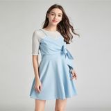 Fashion Stitching Bow Korte mouwen Lace-up Slim Slimming Fake Two-piece Dress (Kleur: Baby Blue Size:L)