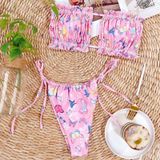 2 in 1 Double-layer Nylon Pleated Tube Top Bikini Ladies Split Swimsuit Set (Color:Pink Butterfly Size:M)