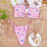 2 in 1 Double-layer Nylon Pleated Tube Top Bikini Ladies Split Swimsuit Set (Color:Pink Butterfly Size:M)