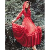Retro Chiffon Dress Big Hemline Solid Color Longuette (Color:Red Size:S)