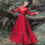 Retro Chiffon Dress Big Hemline Solid Color Longuette (Color:Red Size:S)