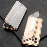 For iPhone 11 Pro Max Ultra Slim Double Sides Magnetic Adsorption Angular Frame Tempered Glass Magnet Flip Case(Gold)