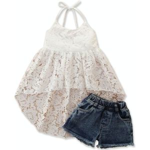 Girls Sling Sleeveless Top Skirt Shorts Two-piece Suit (Color:White Size:130)